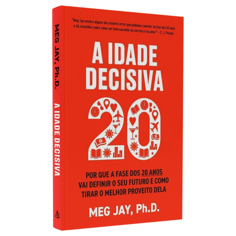 Livro A Idade Decisiva 20, capa vermelha com título em branco e ícones coloridos. — Plenitude