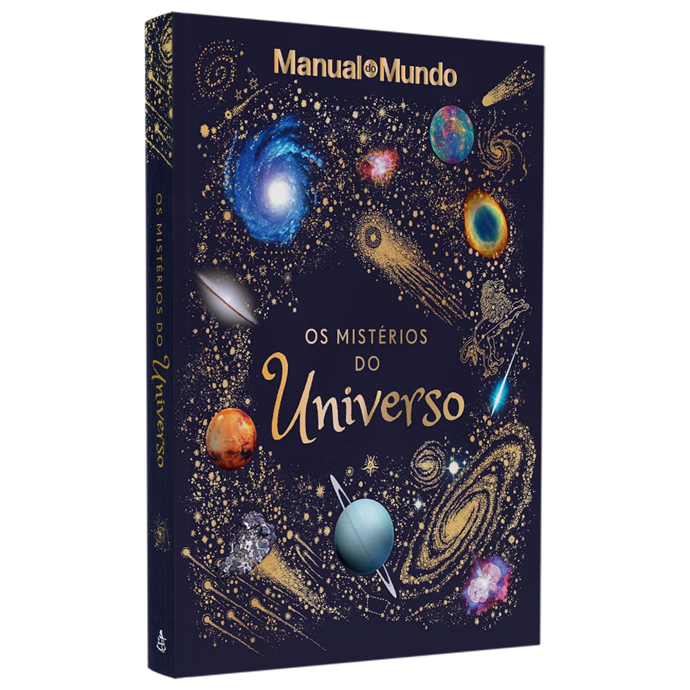 Livro "Os Mistérios do Universo" do Manual do Mundo, capa azul-marinho com ilustrações de galáxias e planetas. — Plenitude