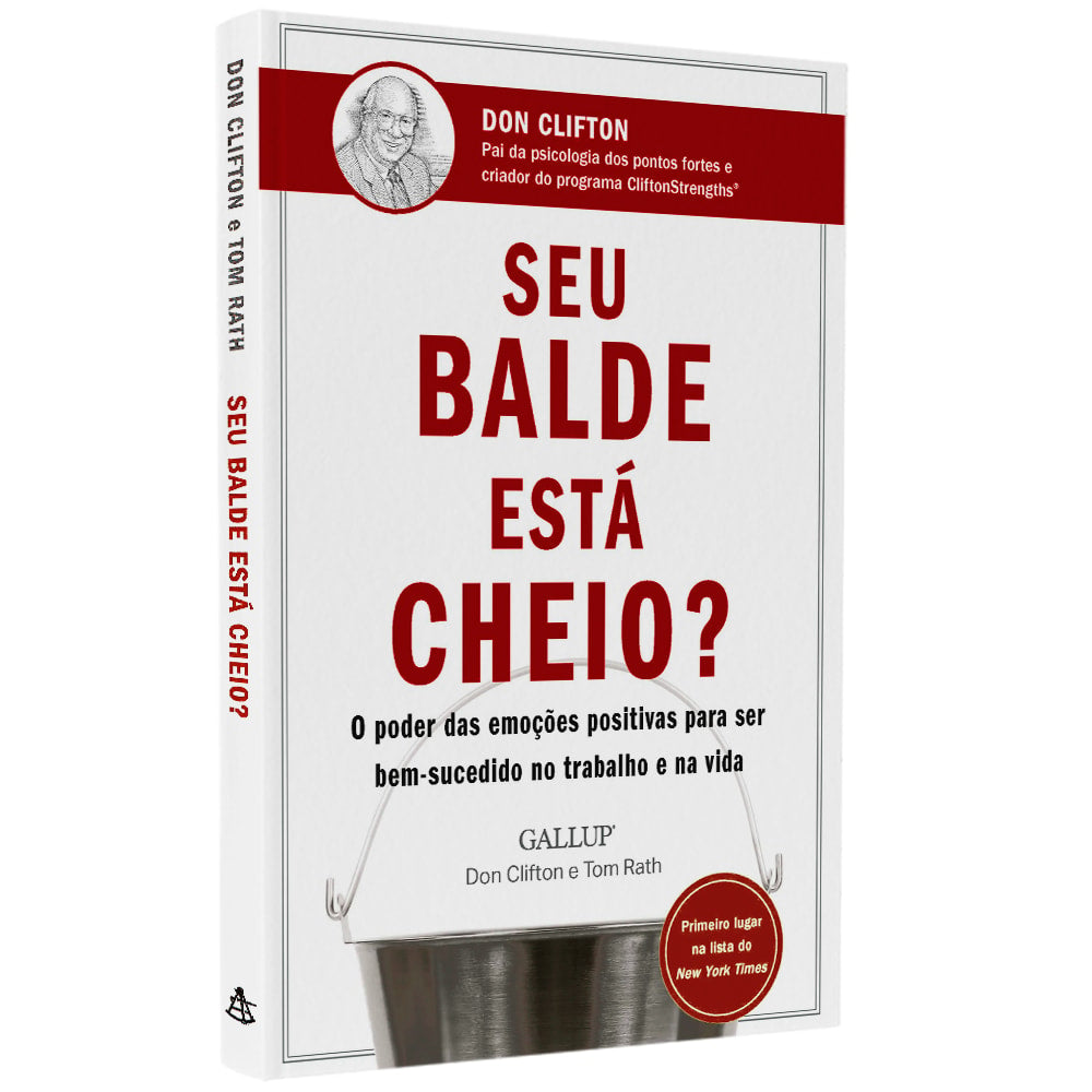 Livro Seu Balde Está Cheio?, capa branca com título vermelho e ilustração de um balde prateado. — Plenitude