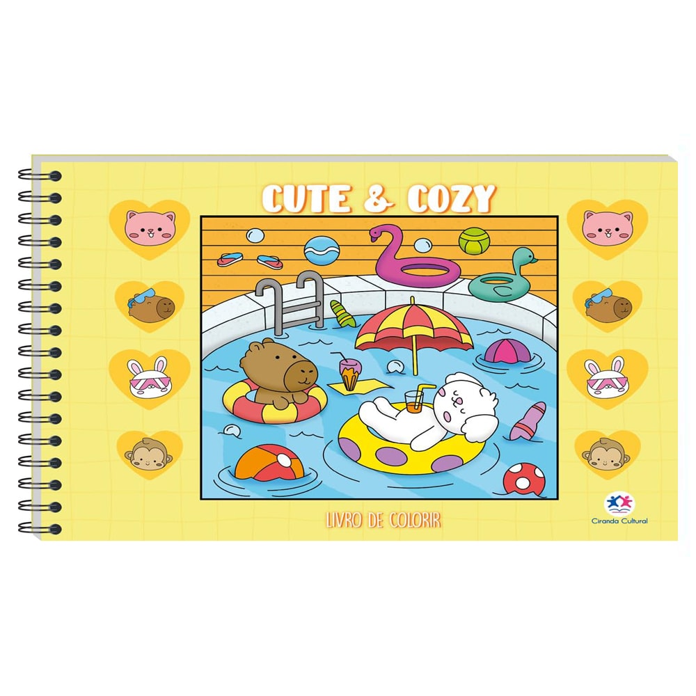 Livro de Colorir Cute and Cozy, capa amarela com espiral, com capivara, urso e coelho boiando em uma piscina. — Plenitude