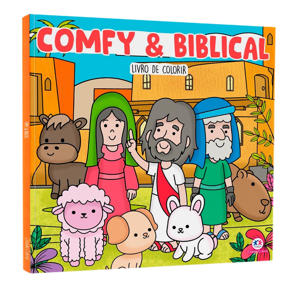 Livro de colorir "Comfy & Biblical", capa colorida com personagens bíblicos fofos. — Plenitude