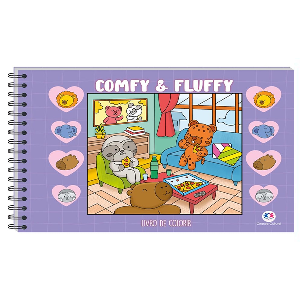 Livro de Colorir Comfy and Fluffy, capa roxa com espiral, com bicho-preguiça, urso e filhote de urso na sala. — Plenitude