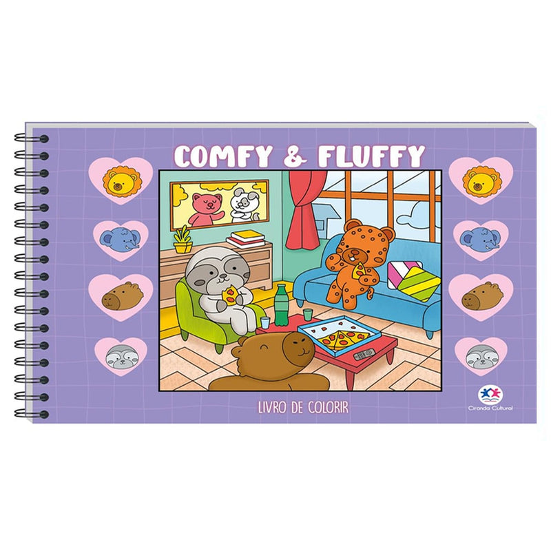 Livro de Colorir Comfy and Fluffy, capa roxa com espiral, com bicho-preguiça, urso e filhote de urso na sala. — Plenitude