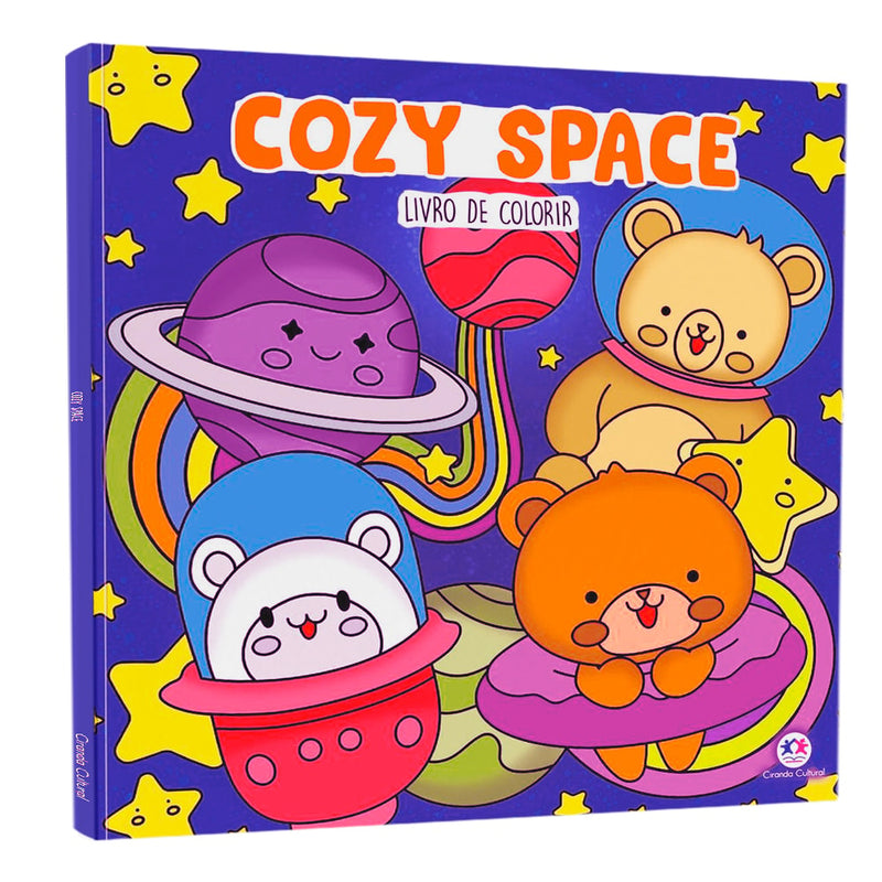 Livro de Colorir Cozy Space, capa azul-escuro com ursos e planetas no espaço. — Plenitude