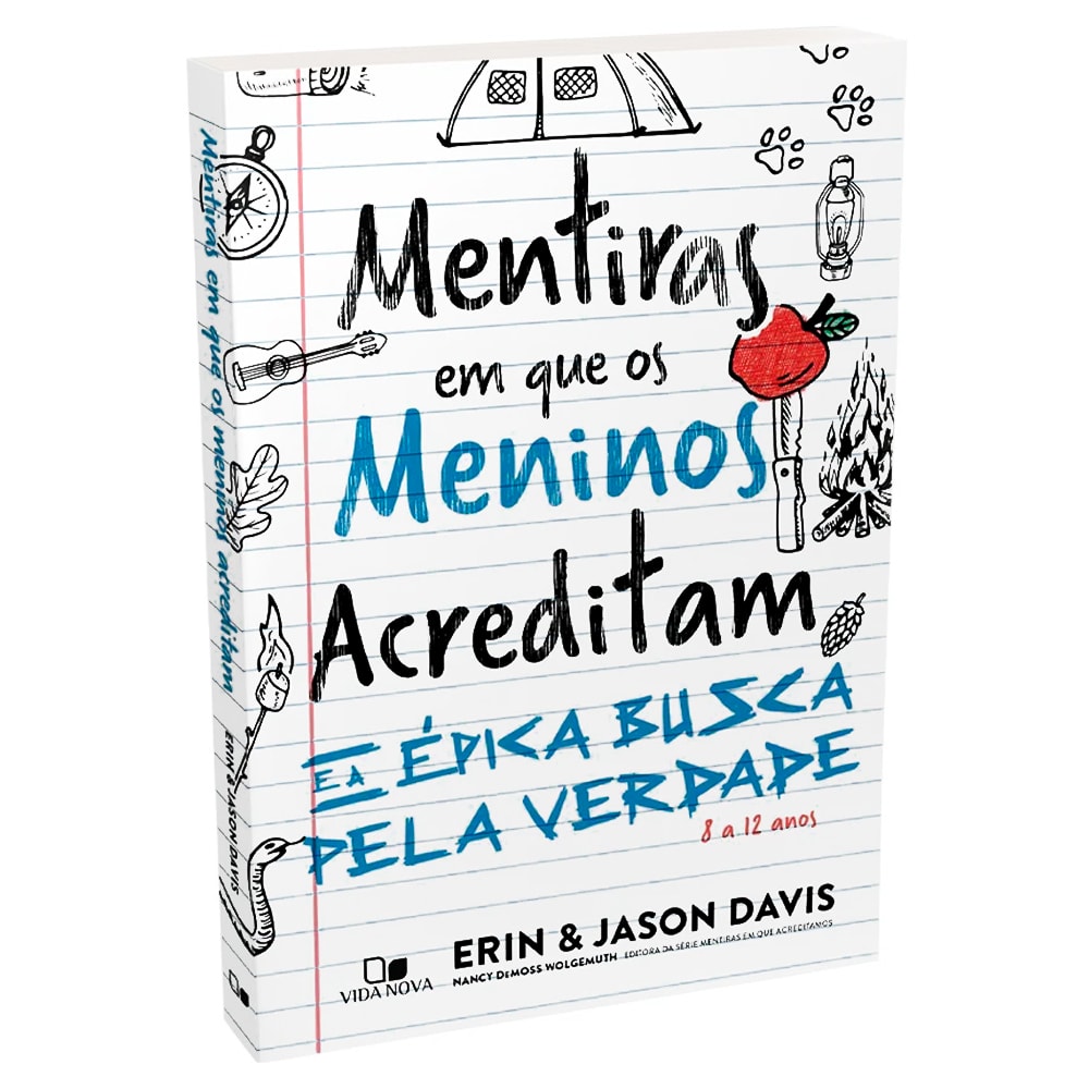 Livro "Mentiras Em Que os Meninos Acreditam" de Erin & Jason Davis, capa branca com ilustrações infantis. — Plenitude