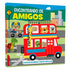 Livro infantil Coleção Diversão Com os Veículos: Encontrando os Amigos, capa com ônibus vermelho e animais. — Plenitude