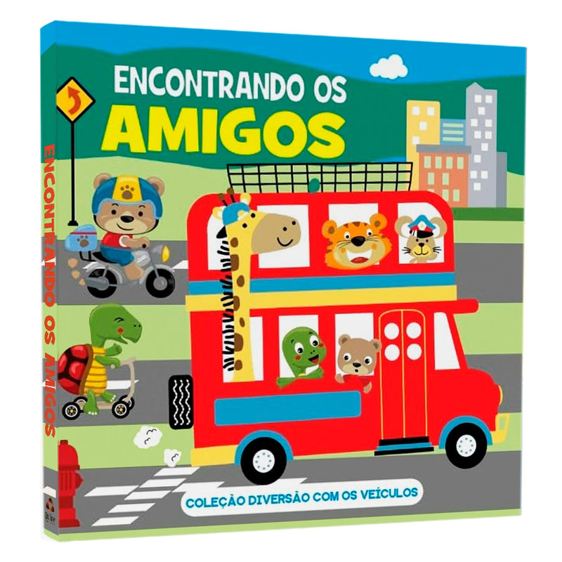 Livro infantil Coleção Diversão Com os Veículos: Encontrando os Amigos, capa com ônibus vermelho e animais. — Plenitude