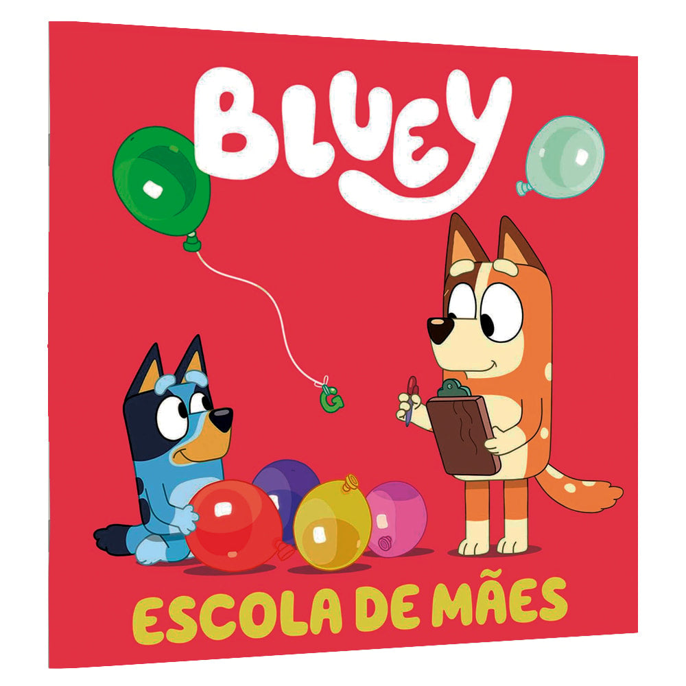 Livro infantil Bluey: Escola de Mãe, capa vermelha com personagens Bluey e Bingo. — Plenitude