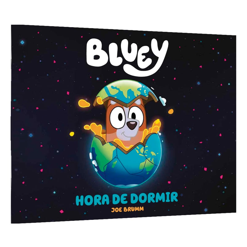 Livro infantil Bluey Hora de Dormir de Joe Brumm, capa preta com Bluey saindo de um ovo terrestre. — Plenitude