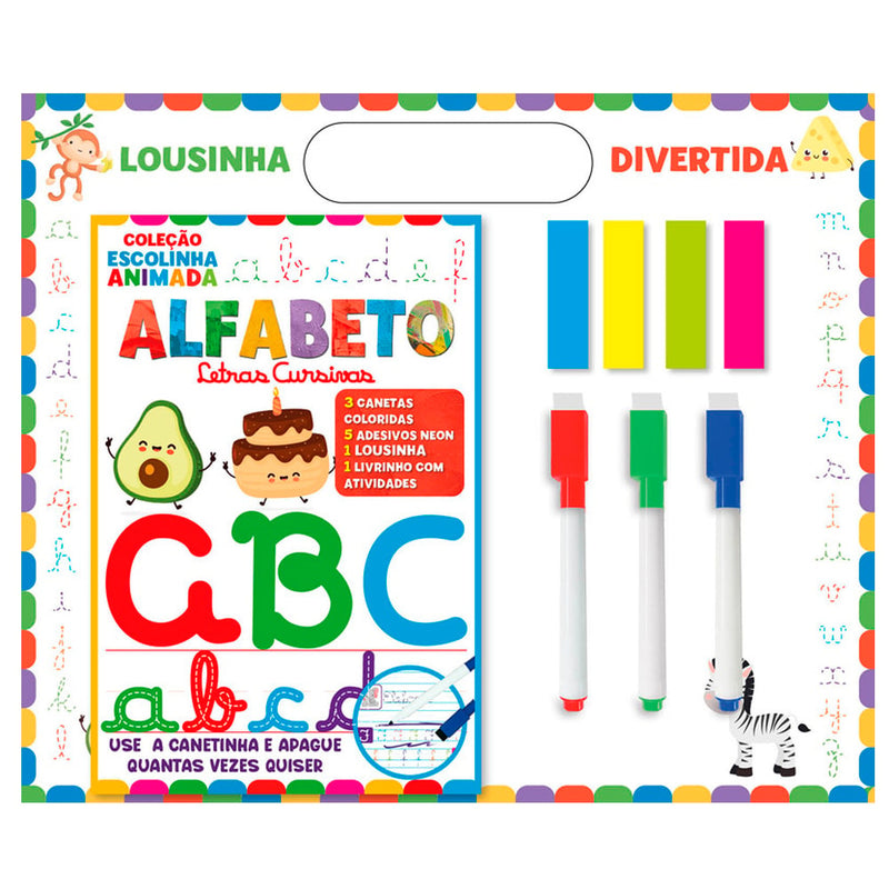 Kit Lousinha Divertida Coleção Escolinha Animada Alfabeto Letras Cursivas, com canetas e adesivos. — Plenitude