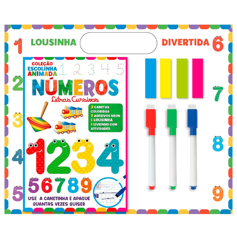 Kit Lousinha Divertida Coleção Escolinha Animada Números Letras Cursivas, com canetas e adesivos. — Plenitude