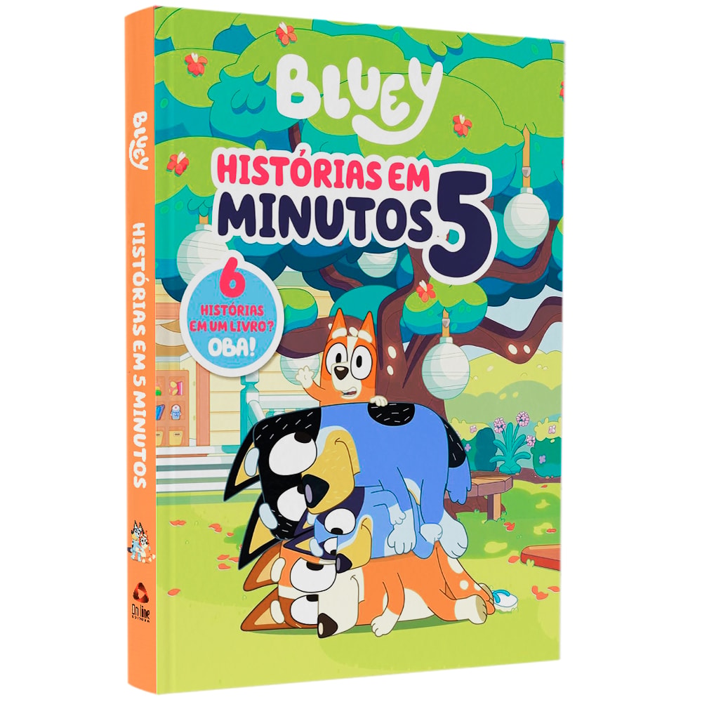 Livro infantil Bluey: Histórias em 5 Minutos, capa verde com personagens Bluey e Bingo. — Plenitude
