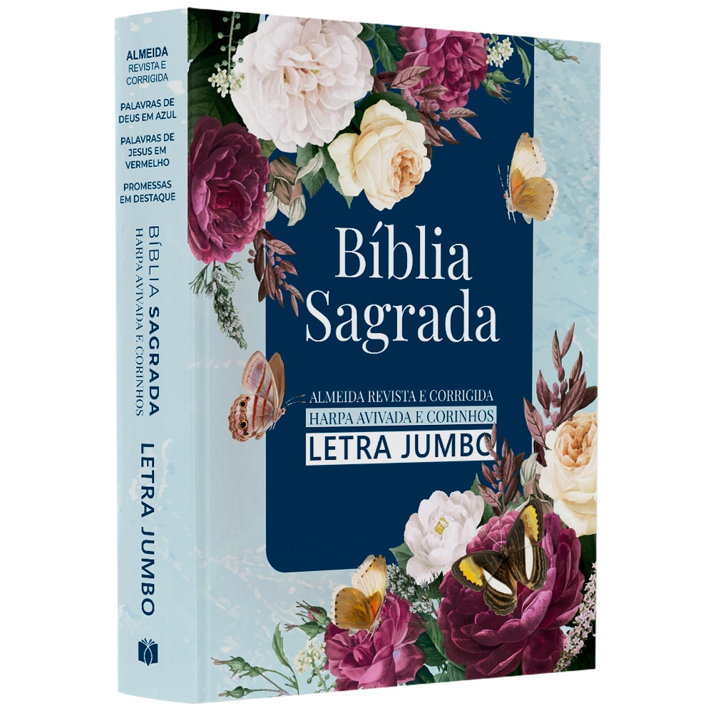 Bíblia Sagrada Harpa Avivada e Corinhos, ARC, letra jumbo, capa dura azul floral. — Plenitude