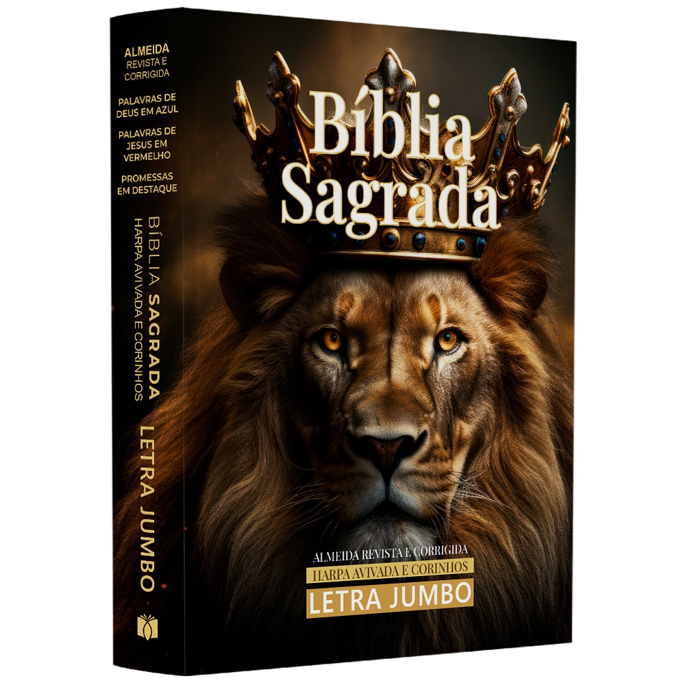Bíblia Sagrada ARC Letra Jumbo, capa dura preta com leão rei e coroa dourada. — Plenitude