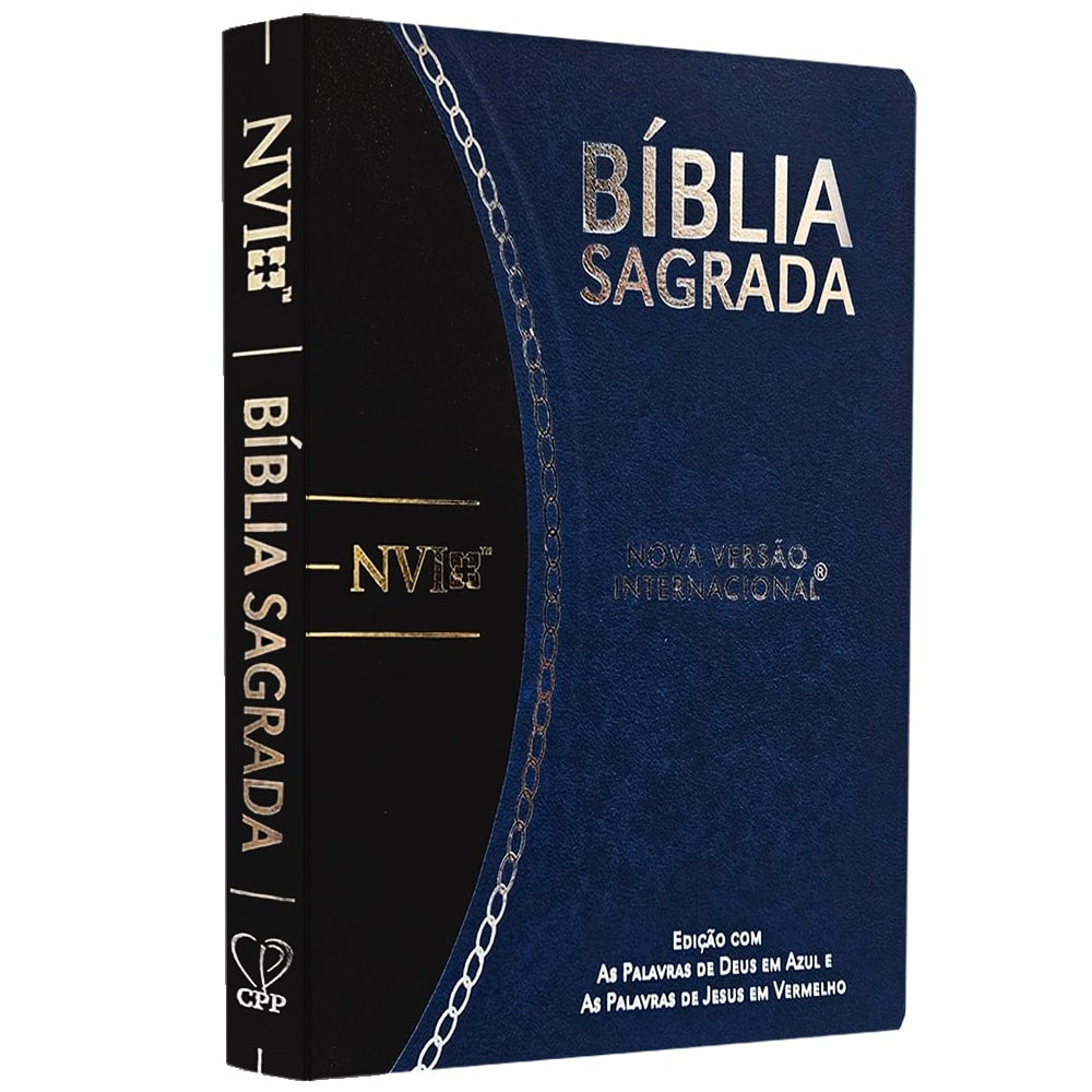 Bíblia Slim Large, NVI, Bicolor, Azul e Preto, com detalhes em corrente prateada na lombada. — Plenitude