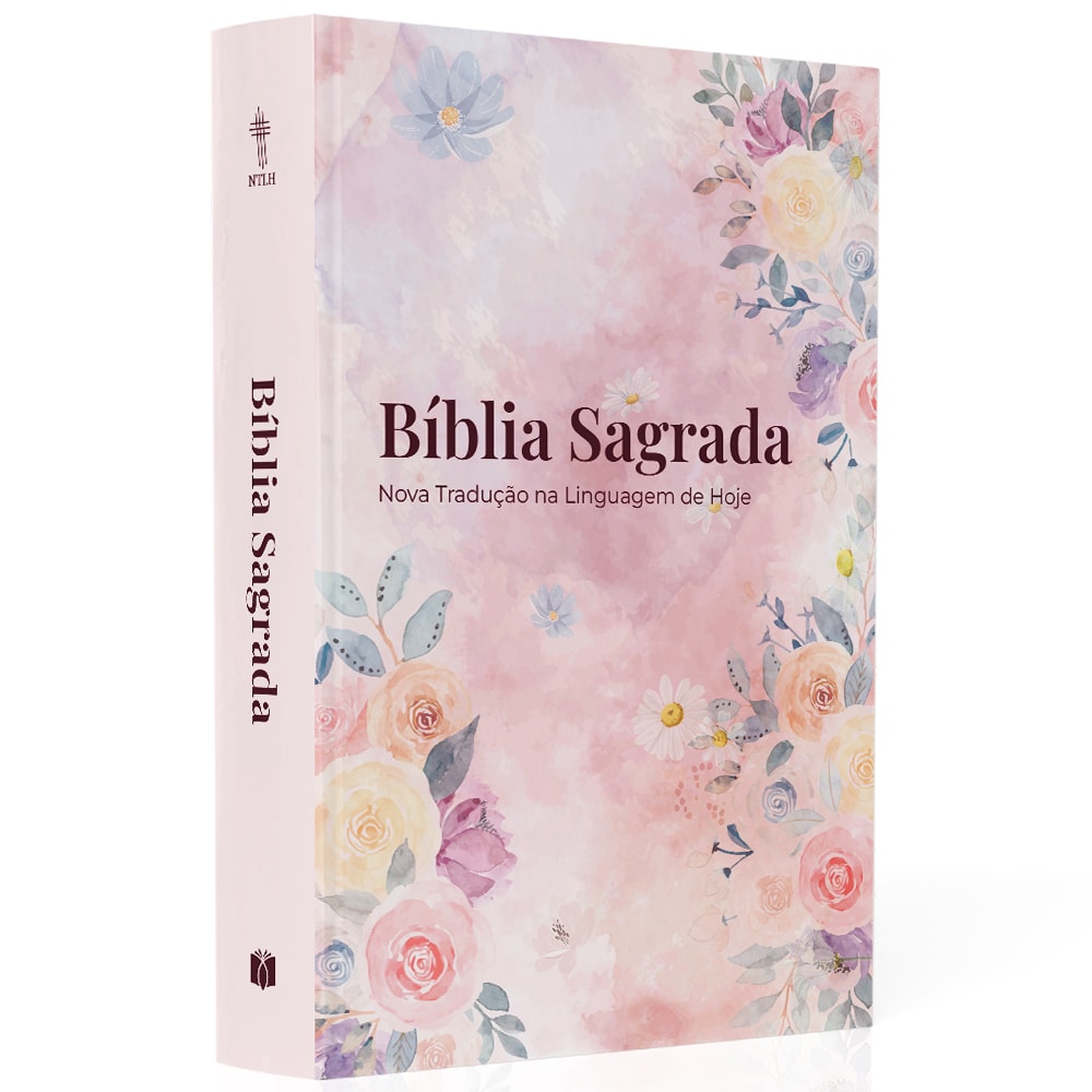Bíblia Sagrada NTLH, capa brochura rosa com estampa floral aquarelada, detalhes em tons pastel. — Plenitude
