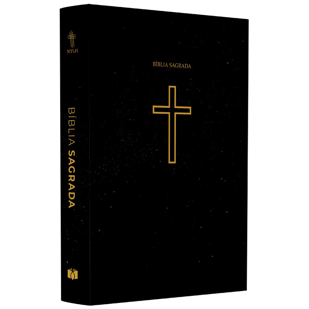 Bíblia Sagrada NTLH preta com cruz dourada e detalhes de estrelas na capa. — Plenitude