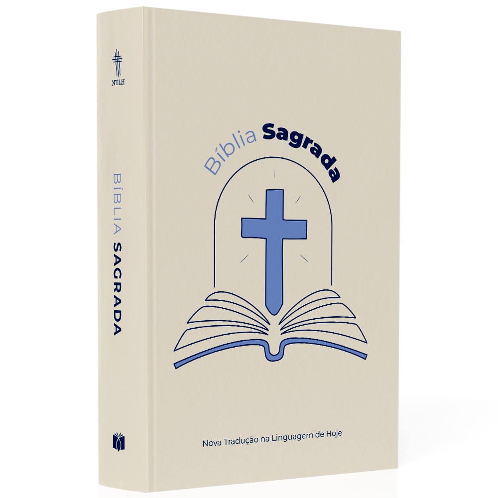 Bíblia Sagrada NTLH, capa brochura bege com cruz azul e livro aberto. — Plenitude