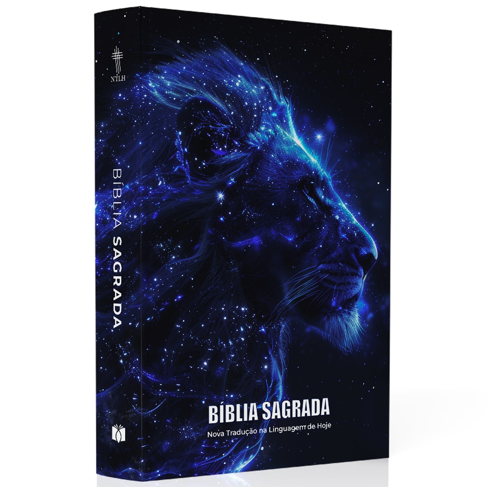Bíblia Sagrada NTLH, capa brochura preta com leão azul cósmico e estrelas. — Plenitude