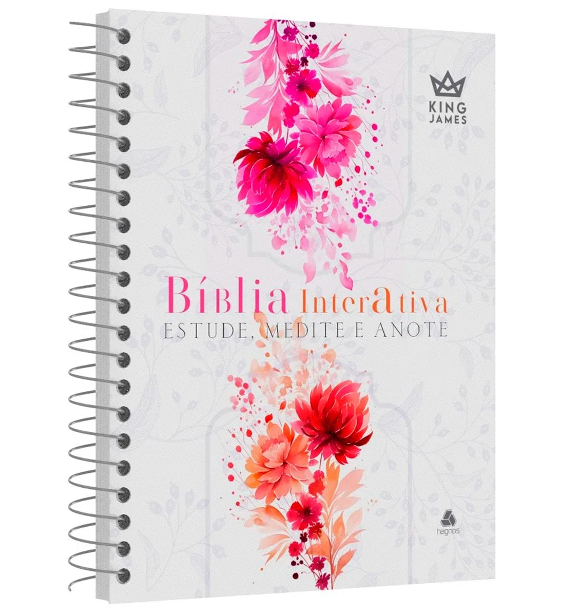 Bíblia Interativa King James, capa espiral com flores em tons de rosa e laranja. — Plenitude