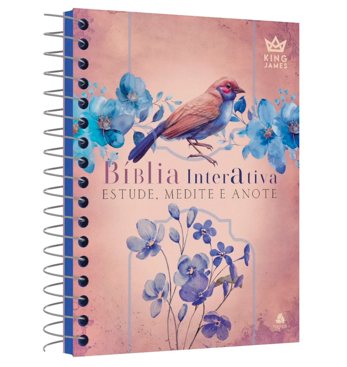 Bíblia Interativa King James, capa dura rosa com pássaro e flores azuis, espiral cinza. — Plenitude