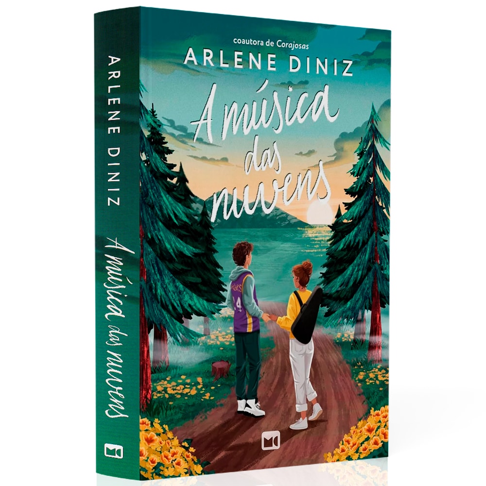 Livro A Música das Nuvens, capa com ilustração de casal em paisagem montanhosa. — Plenitude