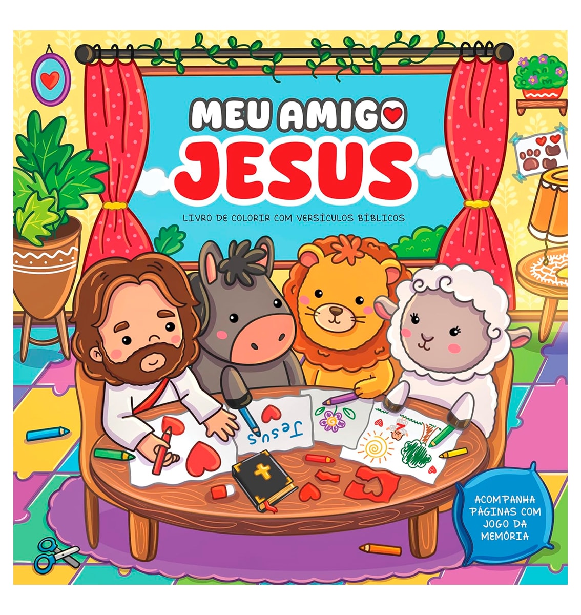 Livro de Colorir Meu Amigo Jesus, capa colorida com Jesus e animais colorindo. — Plenitude