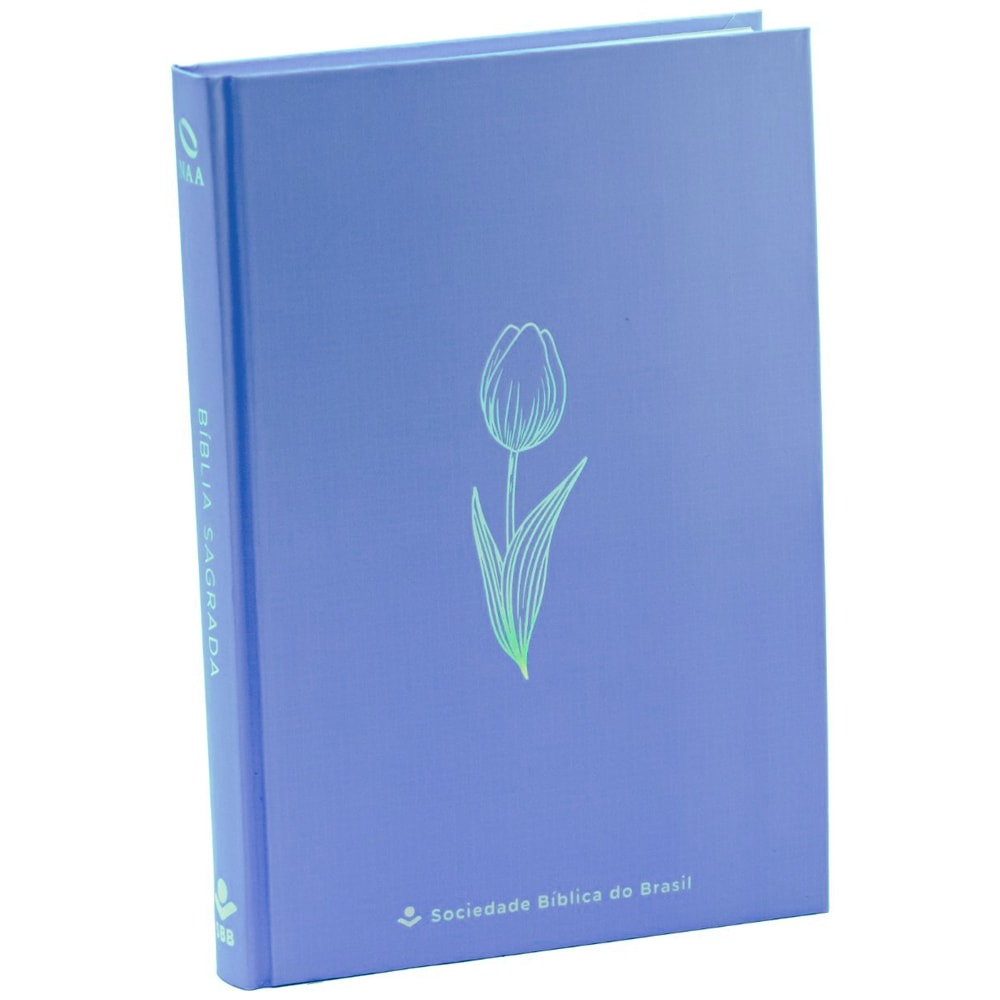 Bíblia Sagrada NAA Flower Blue, capa dura azul com tulipa verde e logo SBB. — Plenitude
