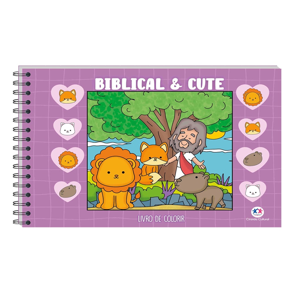 Livro de Colorir Biblical and Cute, capa violeta com Jesus, leão, raposa e capivara. — Plenitude