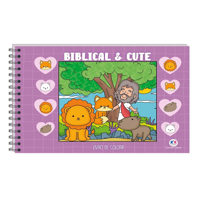 Livro de Colorir Biblical and Cute, capa violeta com Jesus, leão, raposa e capivara. — Plenitude