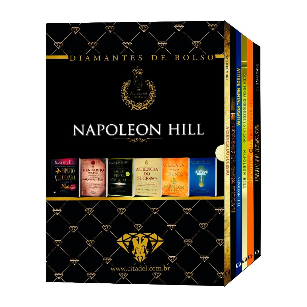 Kit Napoleon Hill Diamantes De Bolso, caixa preta com livros de capa preta e dourada. — Plenitude