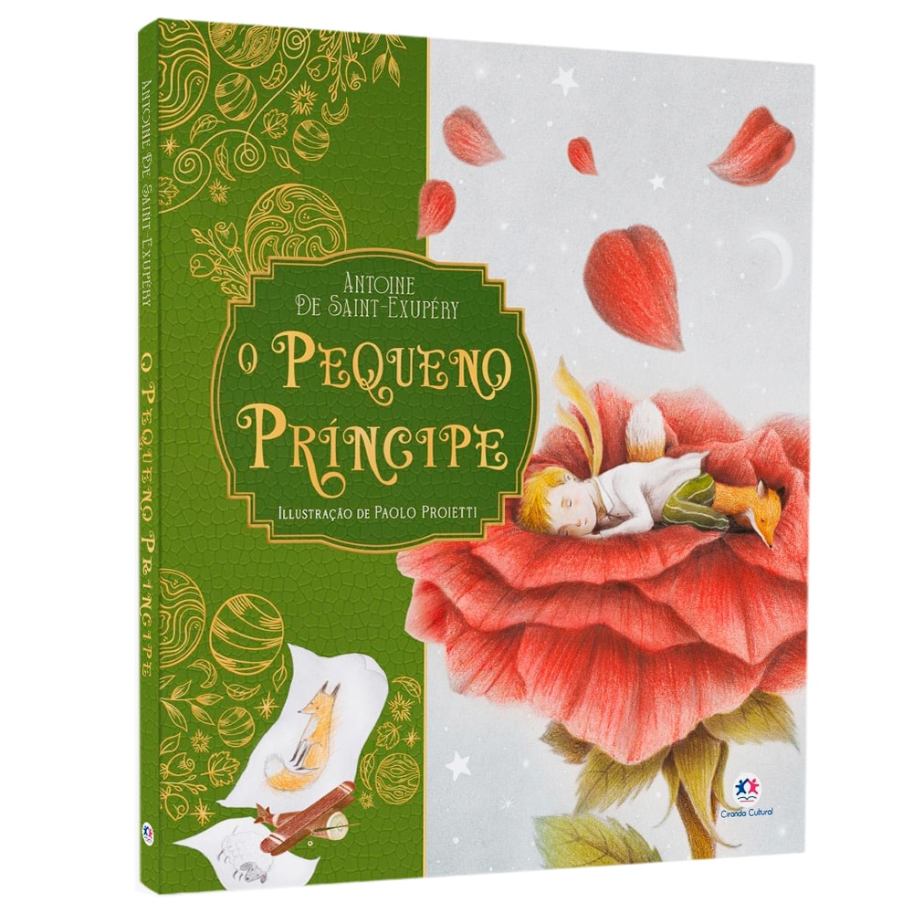 Livro de capa dura "O Pequeno Príncipe" com capa verde e ilustração de príncipe em rosa. — Plenitude