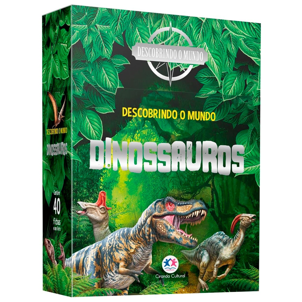Livro Descobrindo o Mundo Dinossauros, capa verde com ilustrações de dinossauros em uma floresta. — Plenitude