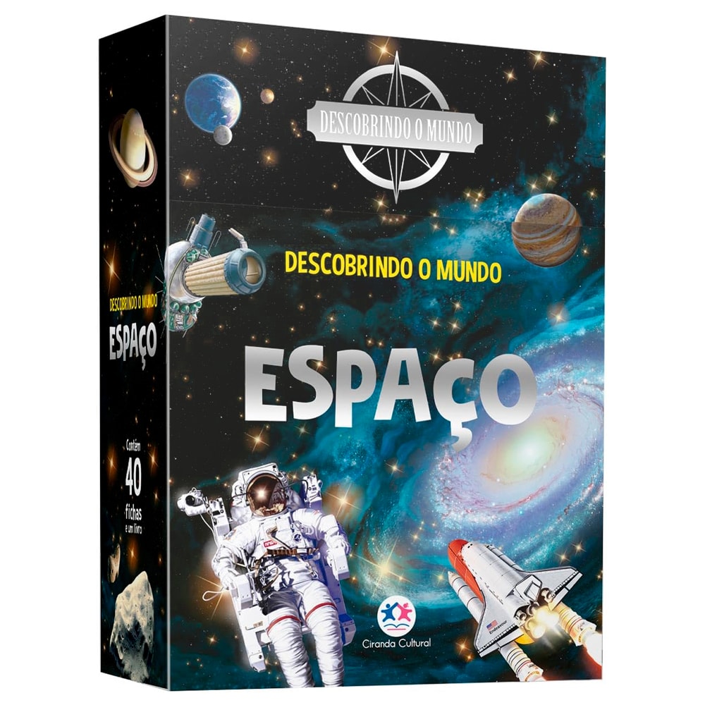 Livro Descobrindo o Mundo Espaço, capa preta com ilustrações de astronautas, planetas e naves espaciais. — Plenitude