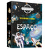 Livro Descobrindo o Mundo Espaço, capa preta com ilustrações de astronautas, planetas e naves espaciais. — Plenitude