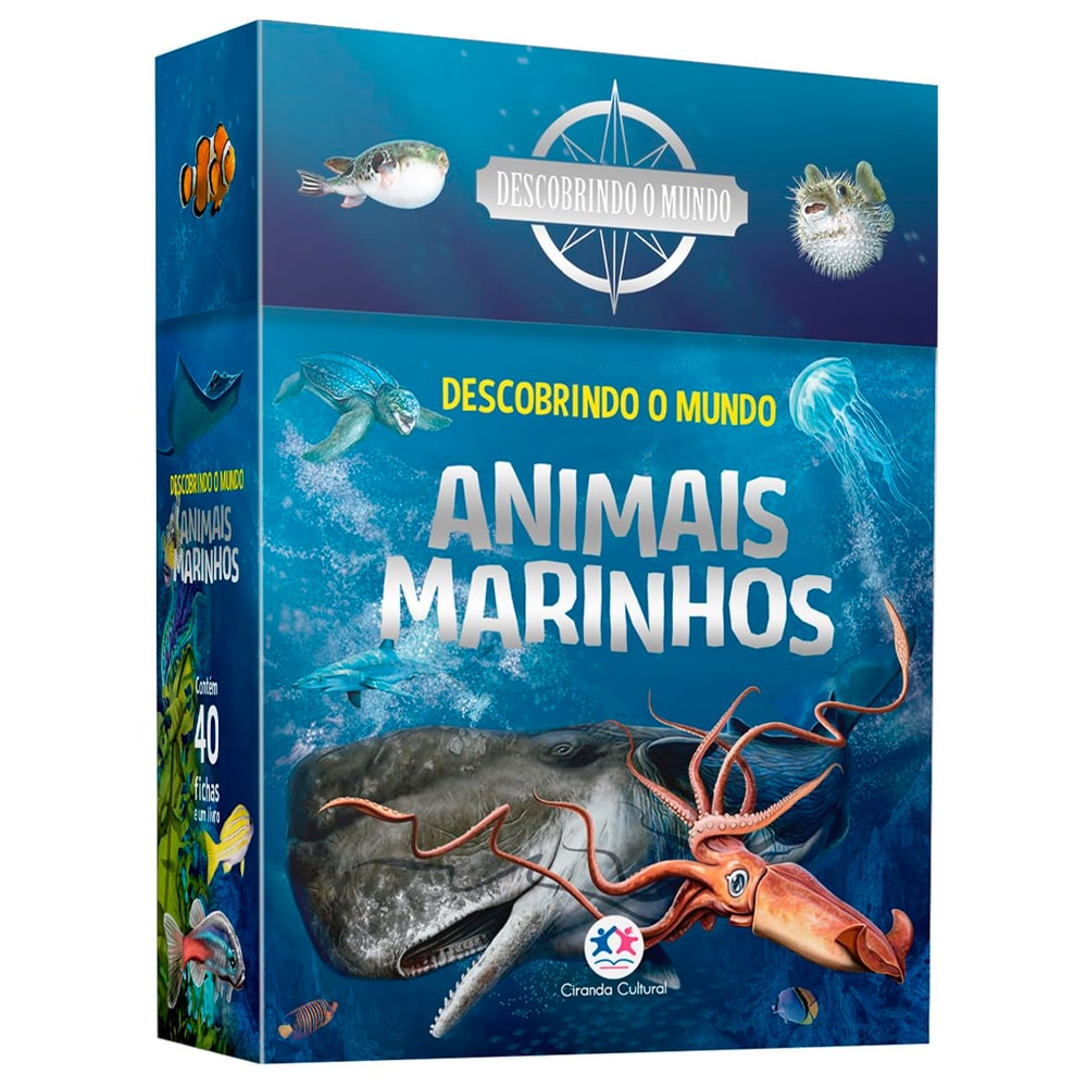 Kit Descobrindo o Mundo Animais Marinhos, caixa azul com baleia, lula e outras criaturas marinhas. — Plenitude