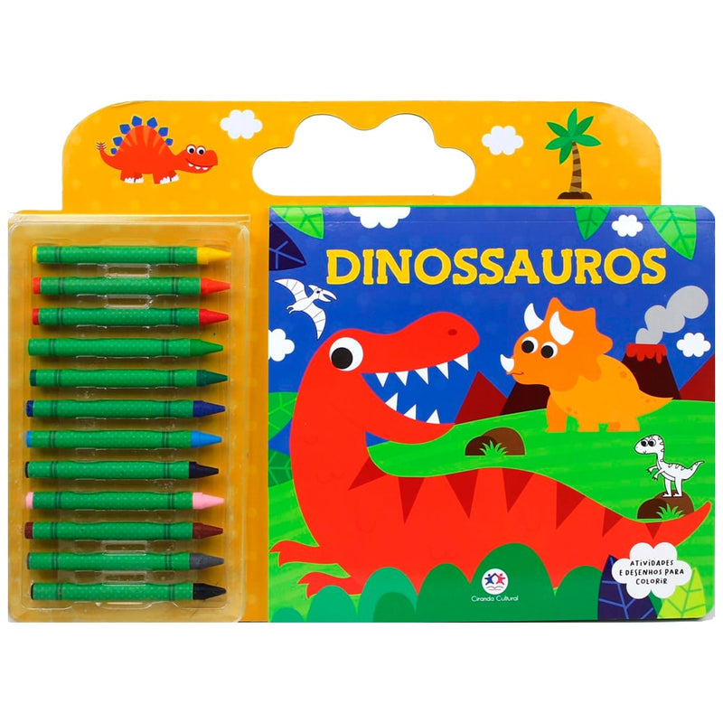 Kit Dinossauros: Atividades e Desenhos Para Colorir, livro e giz de cera, capa com dinossauros. — Plenitude