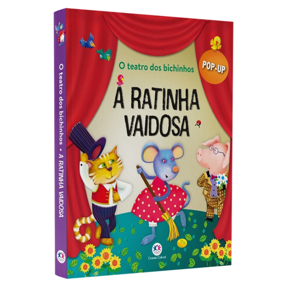 Livro Pop-Up O Teatro dos Bichinhos: A Ratinha Vaidosa, capa com cortinas vermelhas e animais no palco. — Plenitude