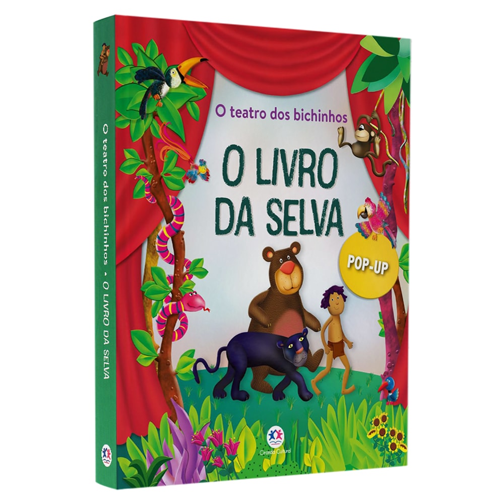 Livro Pop-Up O Teatro dos Bichinhos: O Livro da Selva, capa com cortinas vermelhas e personagens da selva. — Plenitude