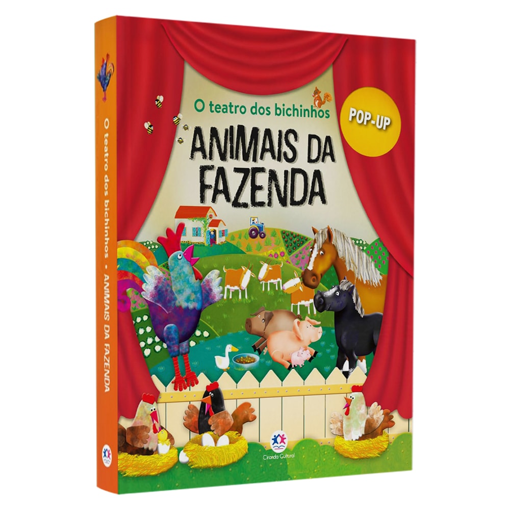 Livro Pop-Up O Teatro dos Bichinhos: Animais da Fazenda, capa com cortinas vermelhas e animais da fazenda. — Plenitude