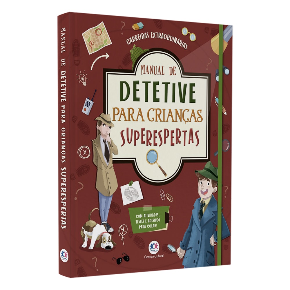 Livro Manual de Detetive Para Crianças Superespertas, capa marrom com ilustrações de detetives e pistas. — Plenitude