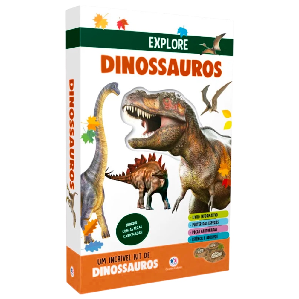 Kit "Explore | Dinossauros", caixa informativa com livro, pôster, peças cartonadas, estêncil e adesivos. — Plenitude