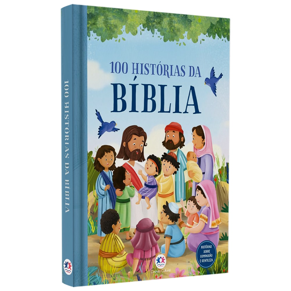 Livro "100 Histórias da Bíblia" com capa ilustrada de Jesus e crianças, em tons suaves. — Plenitude