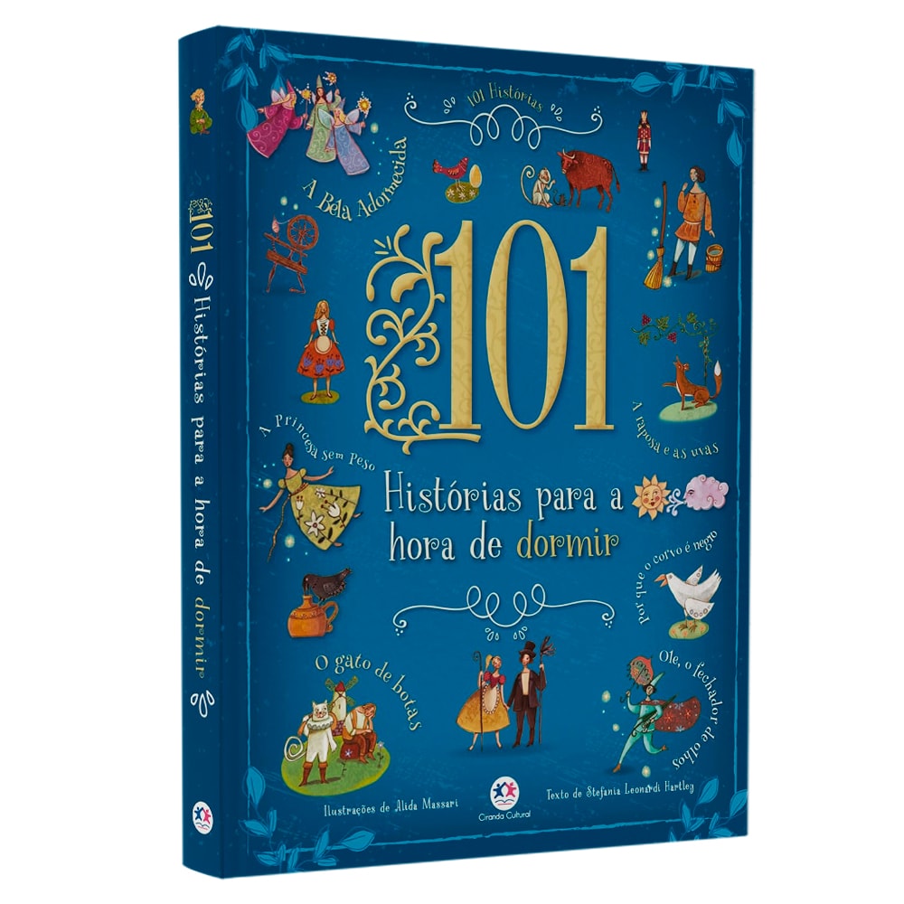 Livro 101 Histórias Para a Hora de Dormir, capa azul escura com ilustrações de contos de fadas. — Plenitude