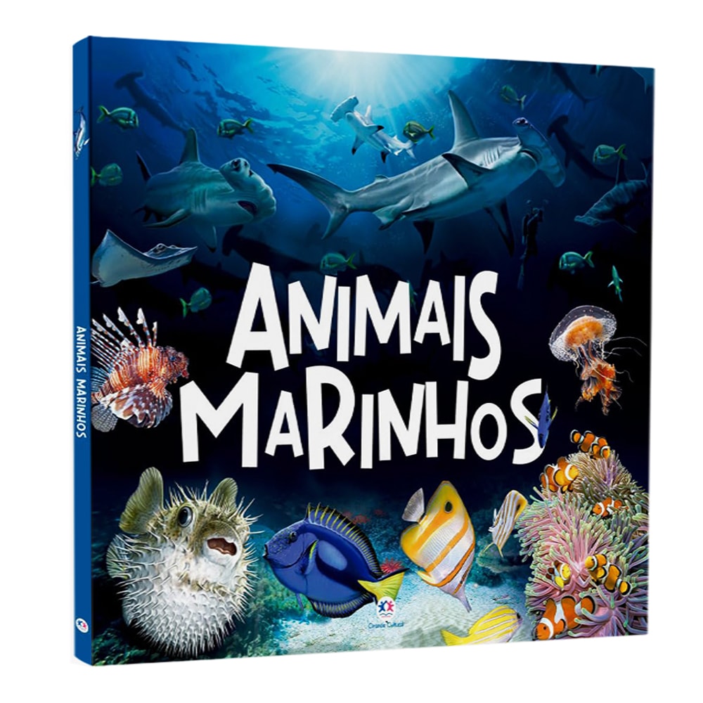 Livro infantil Animais Marinhos, capa dura azul com ilustração de diversas criaturas marinhas. — Plenitude