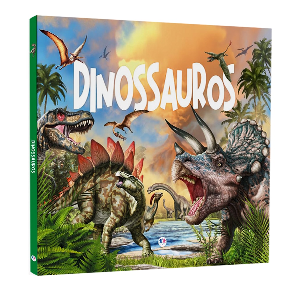 Livro de capa dura "Dinossauros" com ilustrações de dinossauros em paisagem pré-histórica. — Plenitude