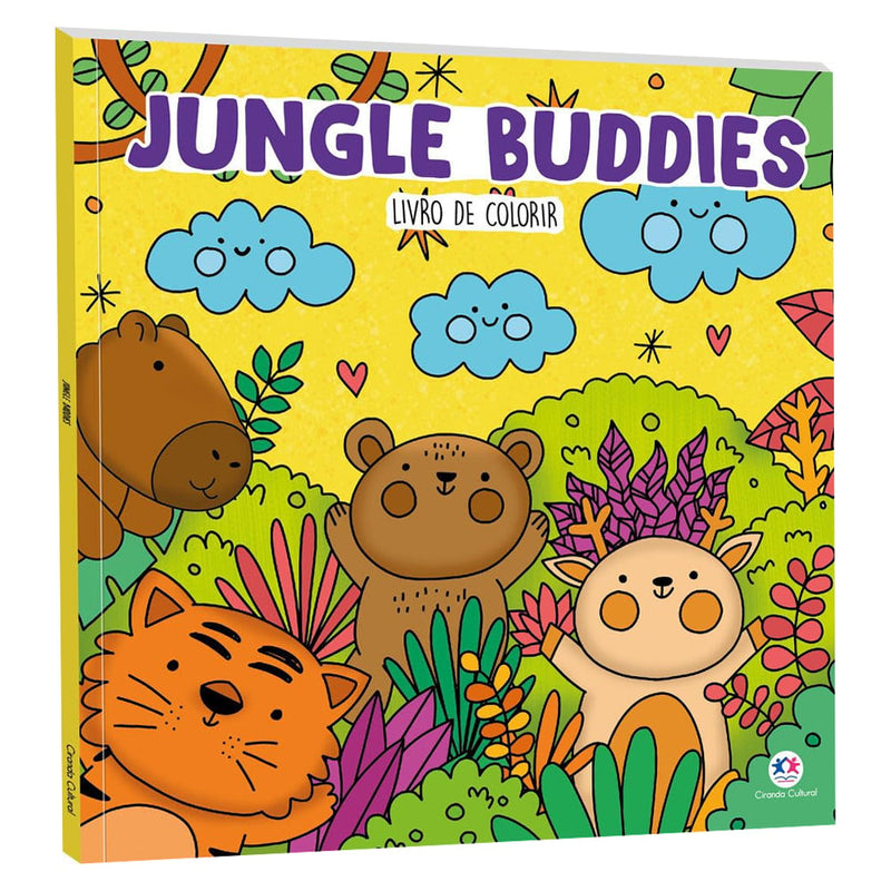 Livro de Colorir Jungle Buddies, capa amarela com tigre, urso e veado na selva. — Plenitude