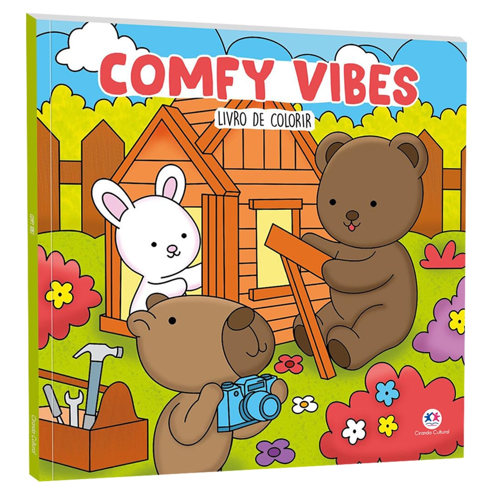 Livro de colorir "Comfy Vibes", capa com personagens fofos construindo uma casinha no jardim. — Plenitude