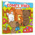 Livro de colorir "Comfy Vibes", capa com personagens fofos construindo uma casinha no jardim. — Plenitude