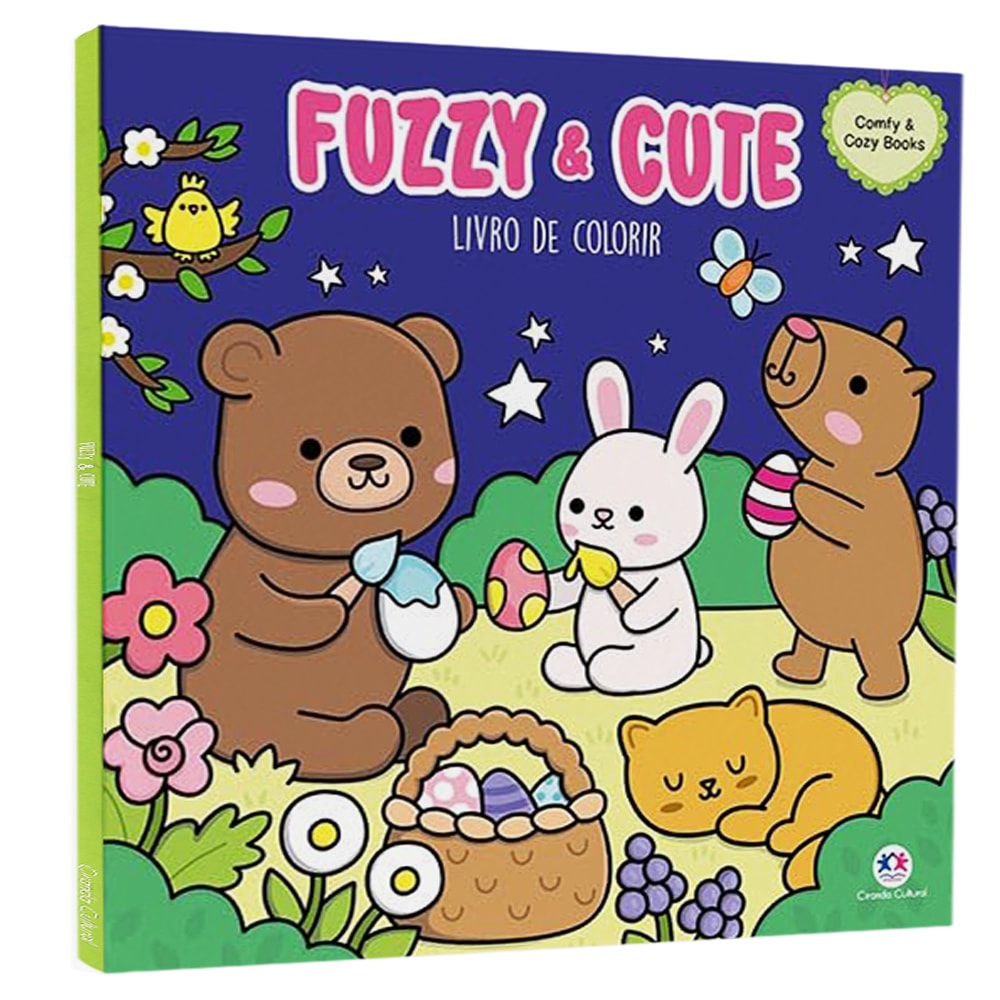 Livro de colorir "Fuzzy & Cute" com ursos e coelho pintando ovos de Páscoa em cenário de floresta. — Plenitude